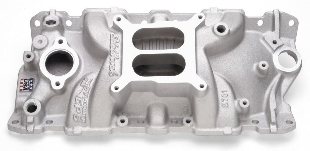 Intake Manifold, Performer EPS, Square Bore, Dual Plane, Aluminum, Natural, Small Block Chevy, Each