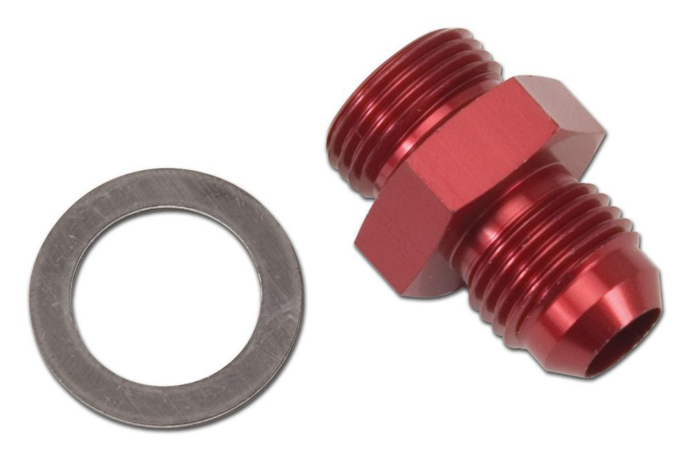 Edelbrock Fitting, Adapter, Straight, 6 AN Male to 5/8-20 in Male, Aluminum, Red Anodized, Each